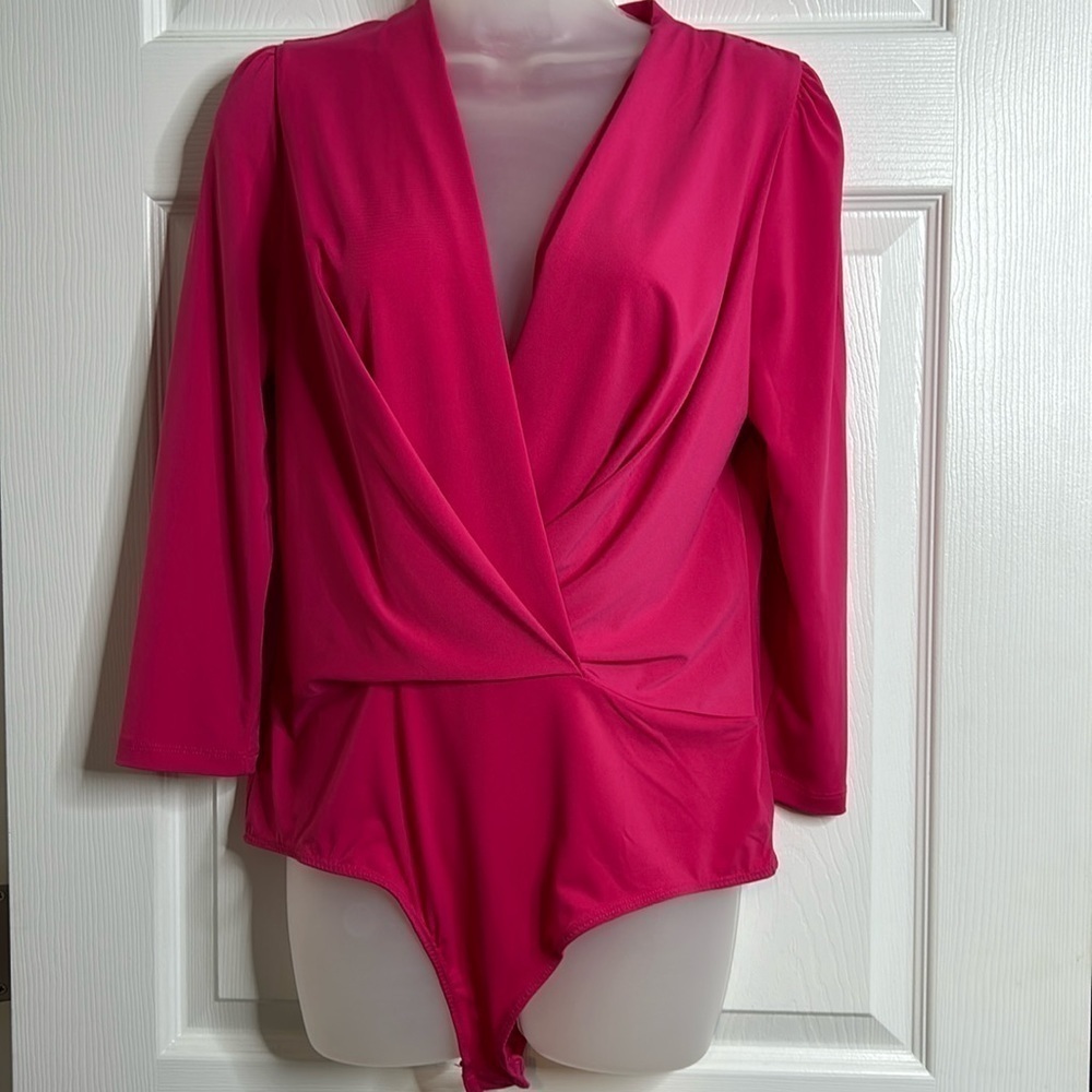 Good Luck Gem Pink Draped Front Long Sleeve‎ L Bodysuit New